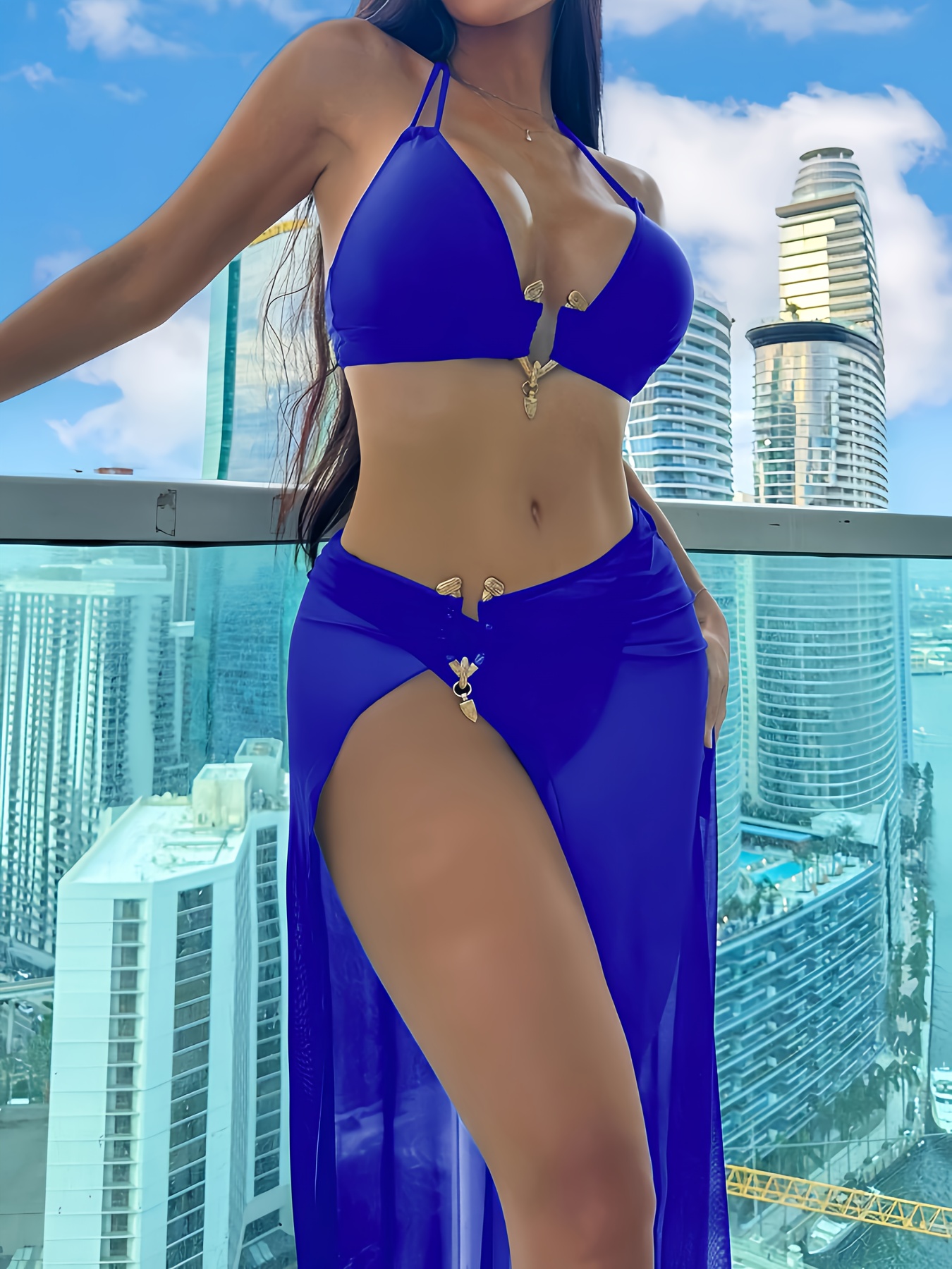product-fancy-2103d021-3be6-479a-a57d-8605db7d8f4c 3pcs Women'S Solid Color Tie-Top Bikini Set with Long Skirt, Medium Stretch, Lace-Up Detail, , Beach Attire|Sleek Swimsuit|. - Image 2