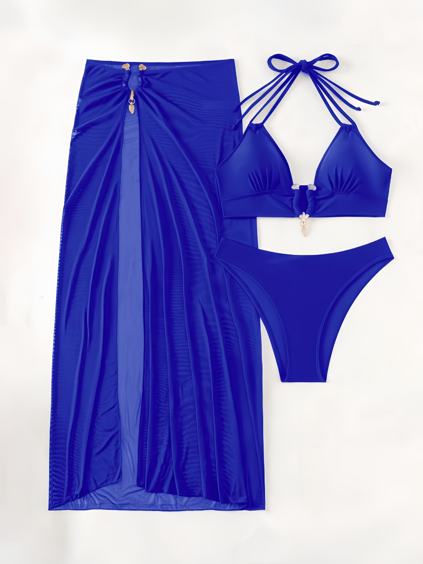product-fancy-88c81cd0-66df-42f9-8dbb-c3b2445cdc0d 3pcs Women'S Solid Color Tie-Top Bikini Set with Long Skirt, Medium Stretch, Lace-Up Detail, , Beach Attire|Sleek Swimsuit|. - Image 8