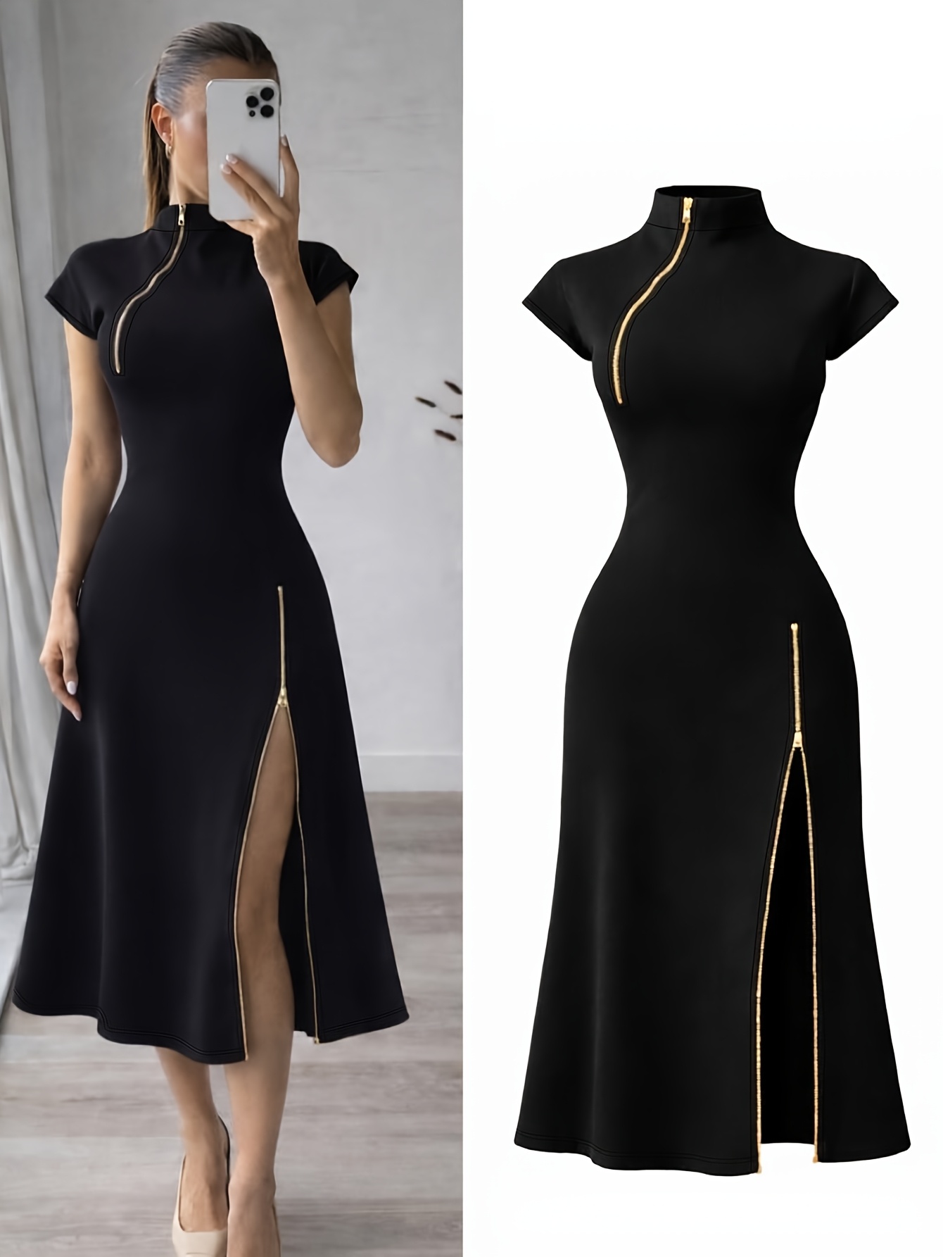 product-fancy-9b1cbc4d-2795-48d1-8270-b2f3947ef0ae Elegant Women'S Black Golden Zipper Detail Slim Mid-Length Dress, Date Night, Romantic Evening, Holiday Attire, Party, Date, Elegant Party Wear, Elegant Refined Chic Dress - Image 1