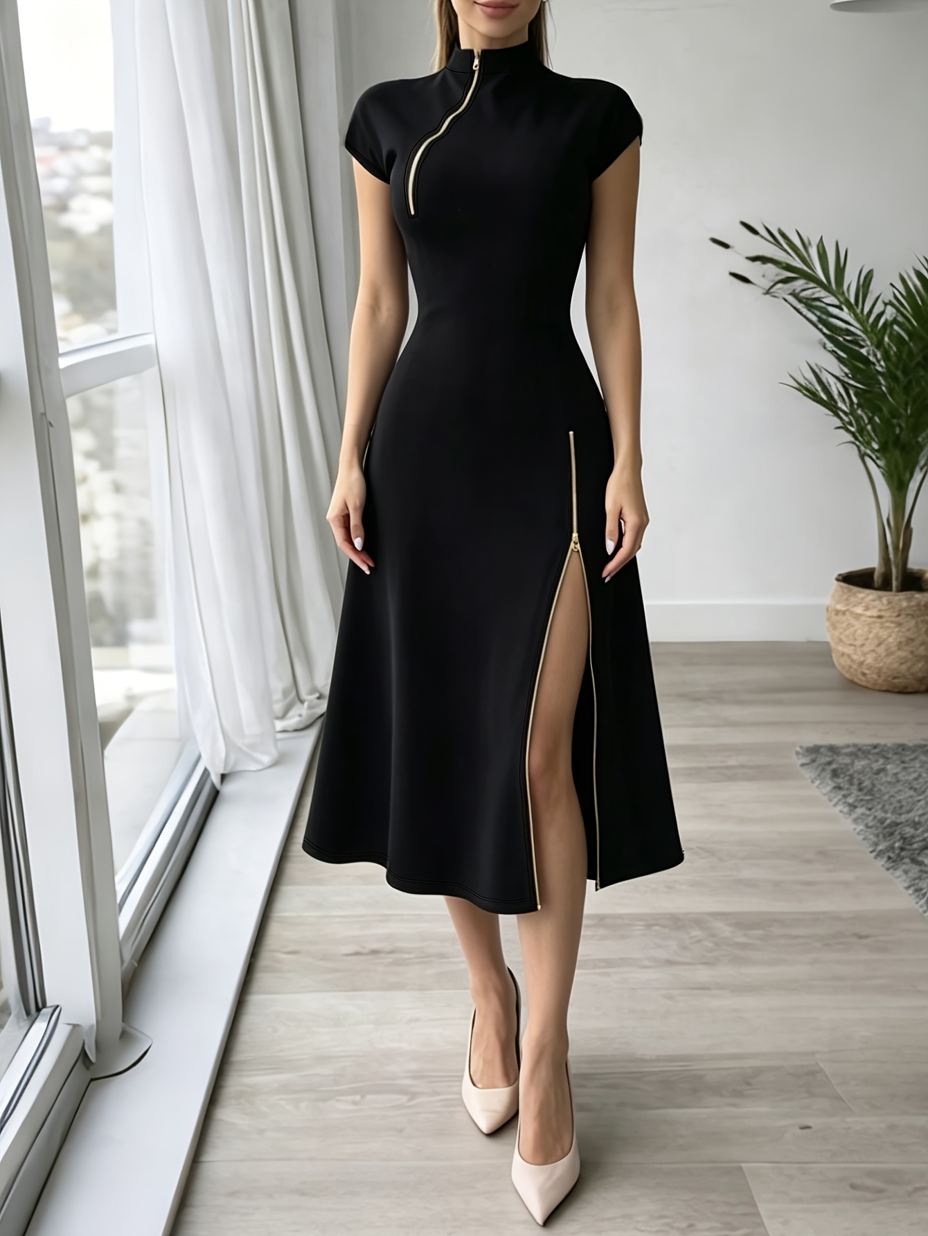 product-fancy-b6b2f694-e1ab-44e3-b92f-c9674675e673 Elegant Women'S Black Golden Zipper Detail Slim Mid-Length Dress, Date Night, Romantic Evening, Holiday Attire, Party, Date, Elegant Party Wear, Elegant Refined Chic Dress - Image 5