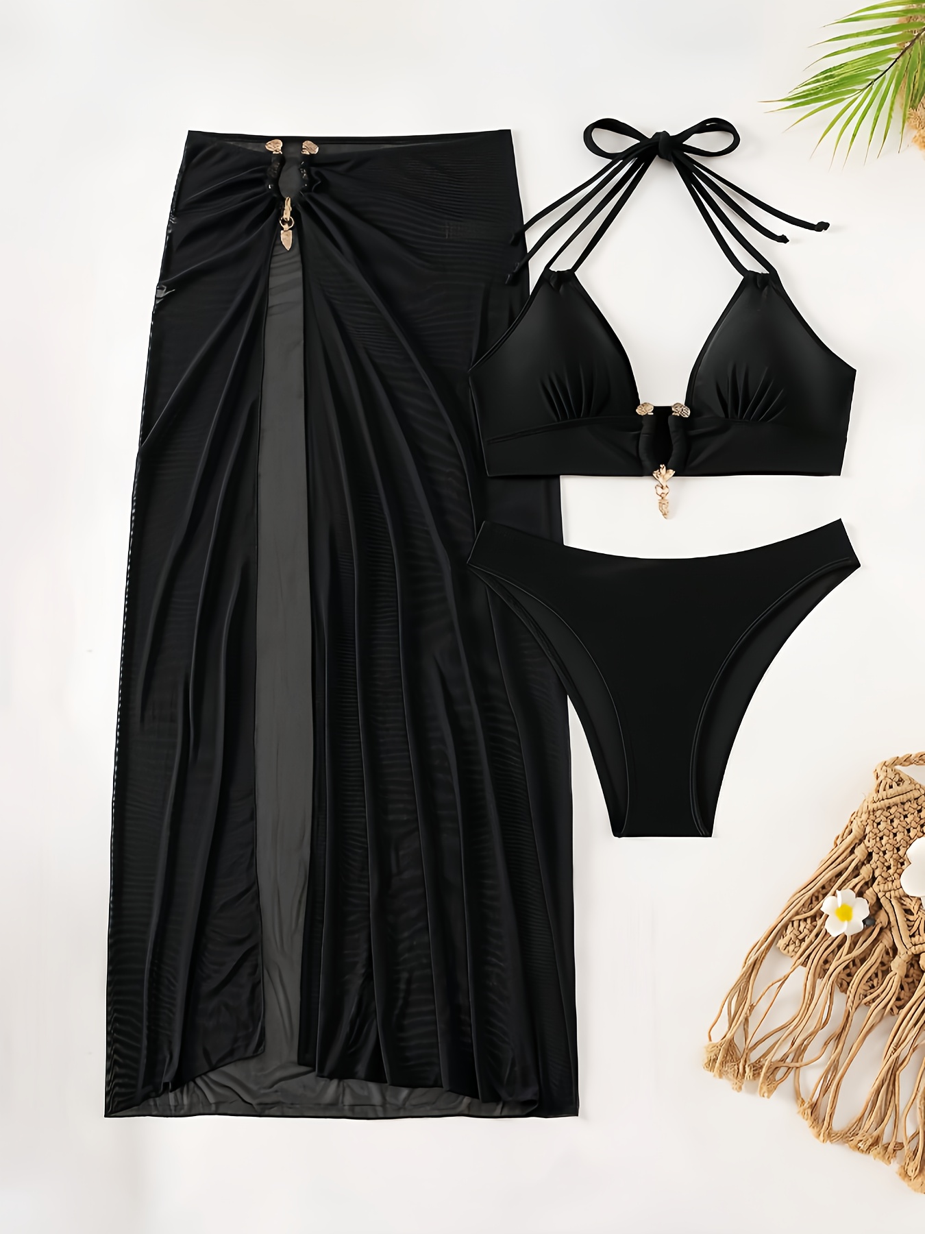 product-fancy-ce6ba064-0319-4a06-a287-9ee0ea5170a2 3pcs Women'S Solid Color Tie-Top Bikini Set with Long Skirt, Medium Stretch, Lace-Up Detail, , Beach Attire|Sleek Swimsuit|. - Image 7