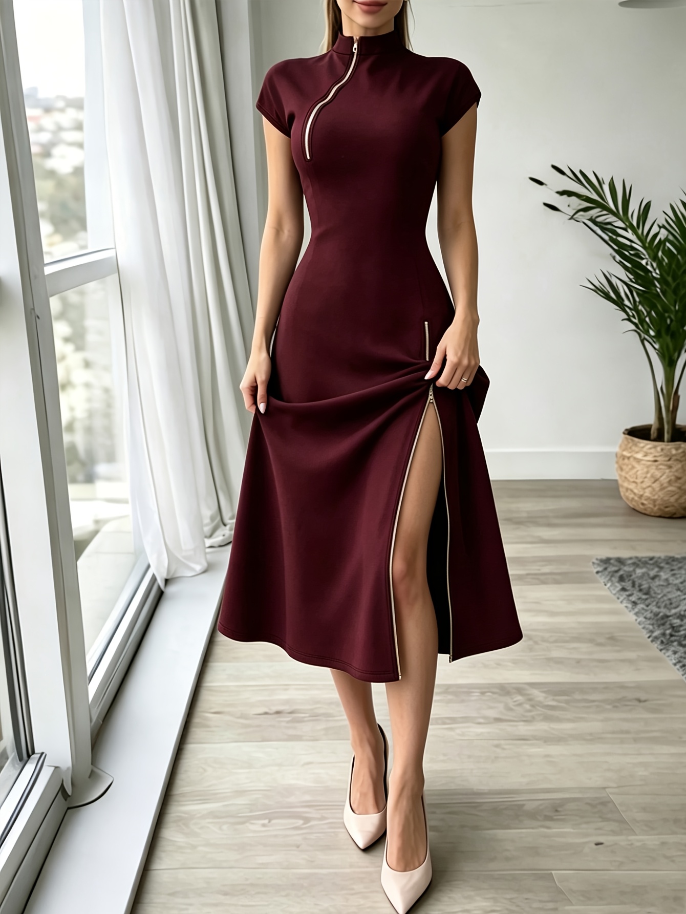 product-fancy-db00c86e-0c3e-4854-a526-d73889c7ff62 Elegant Women'S Black Golden Zipper Detail Slim Mid-Length Dress, Date Night, Romantic Evening, Holiday Attire, Party, Date, Elegant Party Wear, Elegant Refined Chic Dress - Image 6