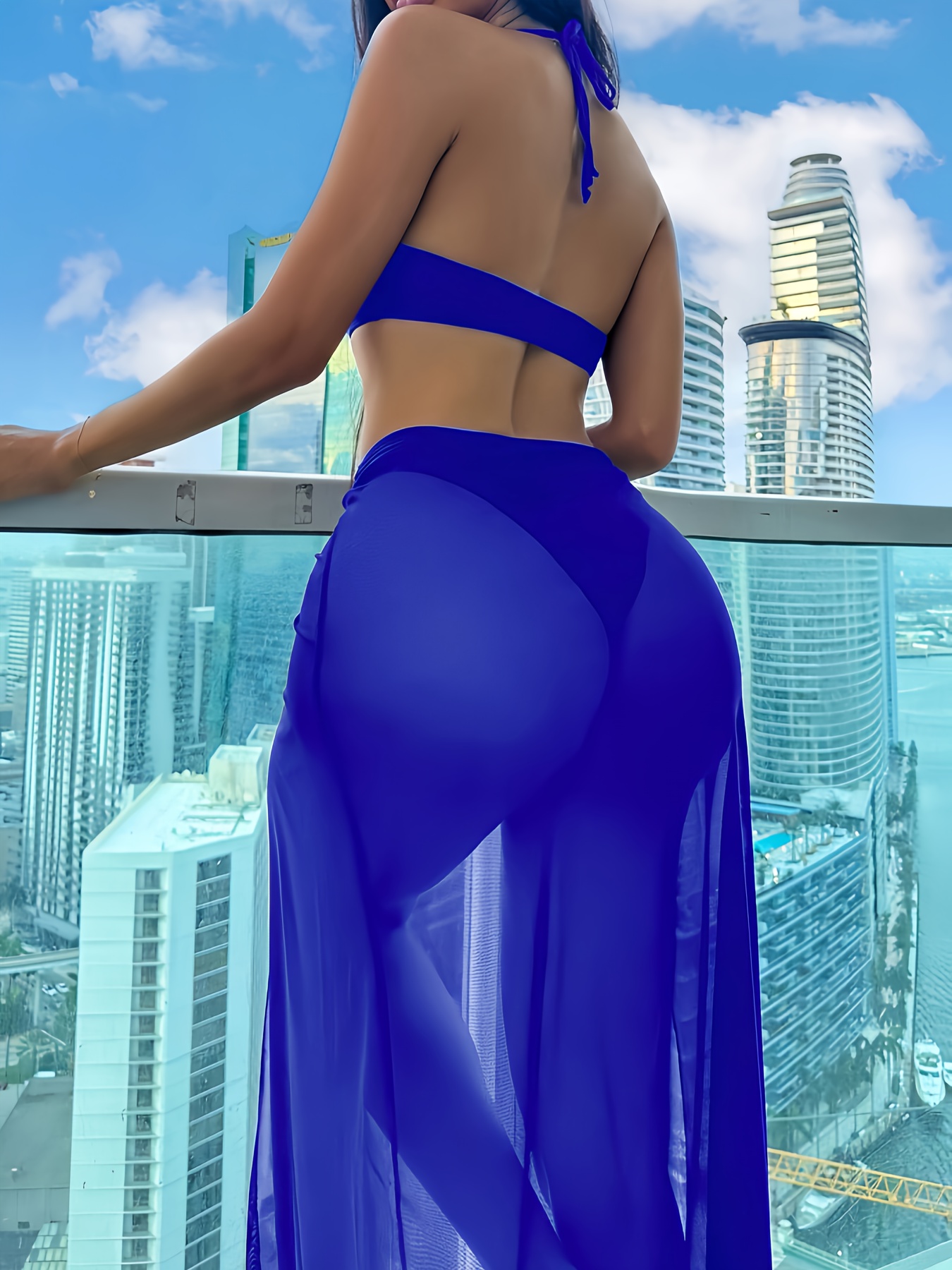 product-fancy-f60f09b4-5349-47ce-b60c-92c4b2c4e7c3 3pcs Women'S Solid Color Tie-Top Bikini Set with Long Skirt, Medium Stretch, Lace-Up Detail, , Beach Attire|Sleek Swimsuit|. - Image 5