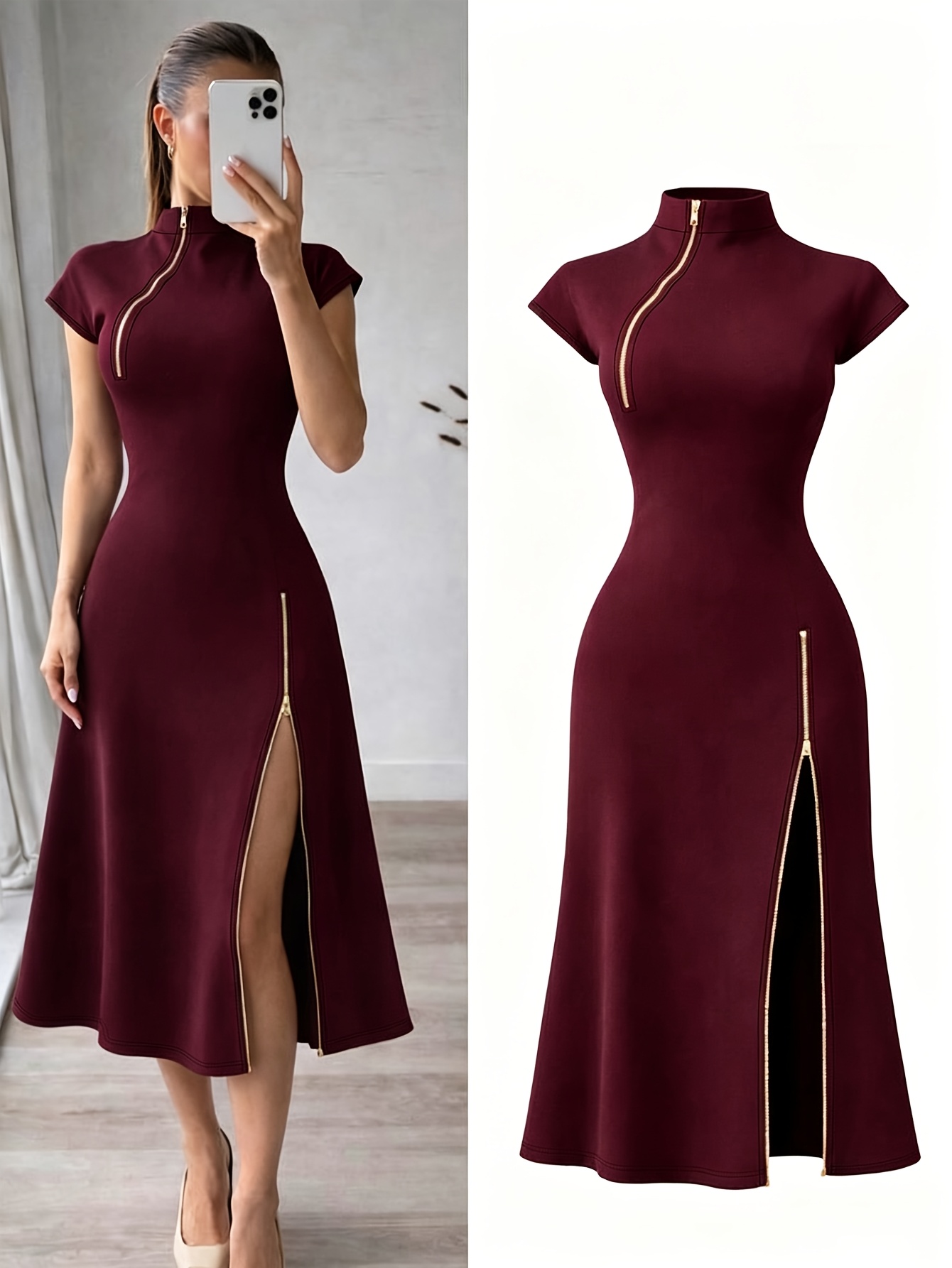 product-fancy-fc65ae52-a5fc-4b28-a16c-70f135ee19cb Elegant Women'S Black Golden Zipper Detail Slim Mid-Length Dress, Date Night, Romantic Evening, Holiday Attire, Party, Date, Elegant Party Wear, Elegant Refined Chic Dress - Image 2