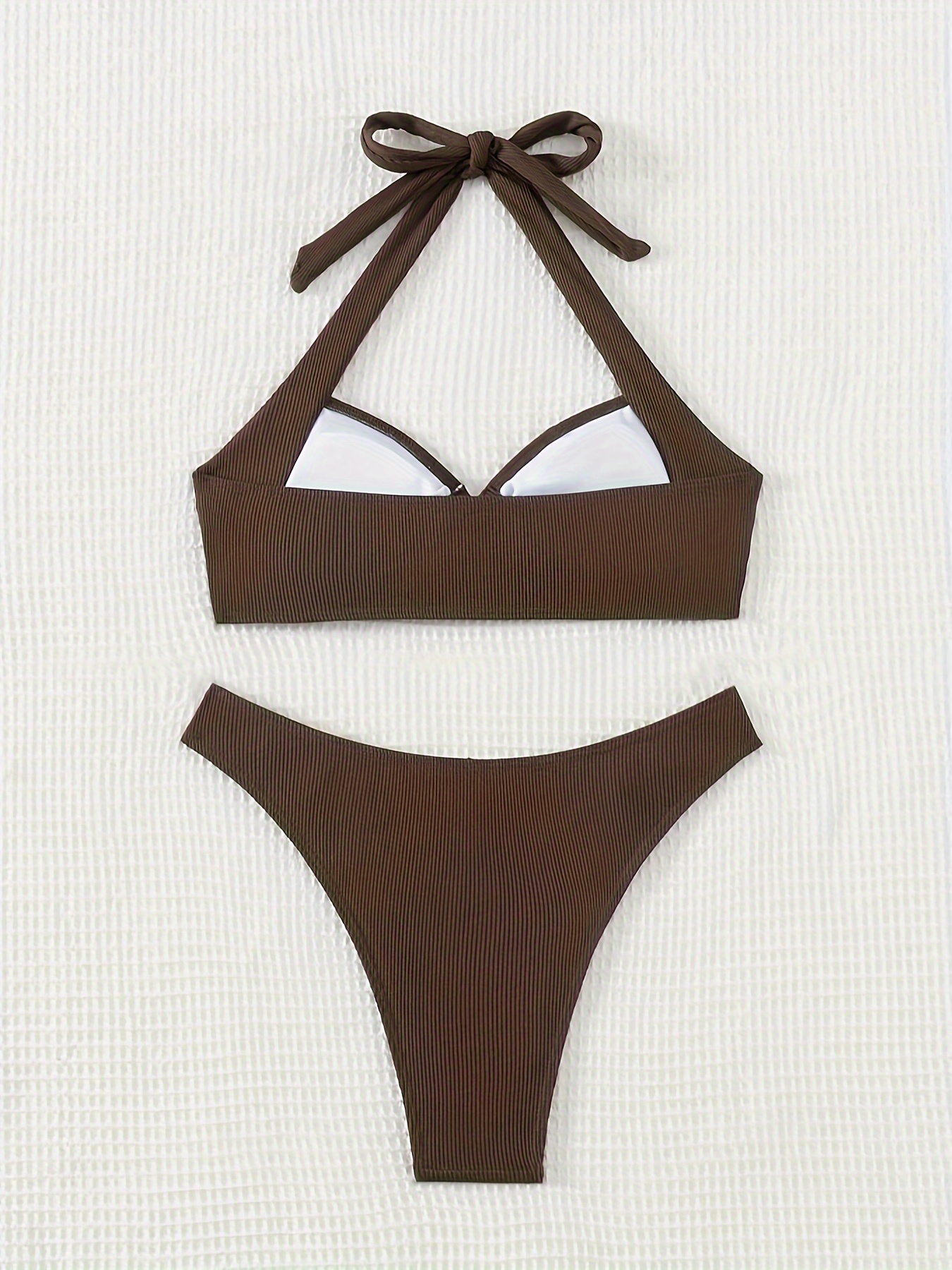product-fancy-0e25ec00-130d-4037-967c-473a32a3a343 Deep Brown Ribbed Halter Neck Split Swimsuit for Women with Metal Ring Accents, Sexy High-Cut Vacation Swimwear - Image 5