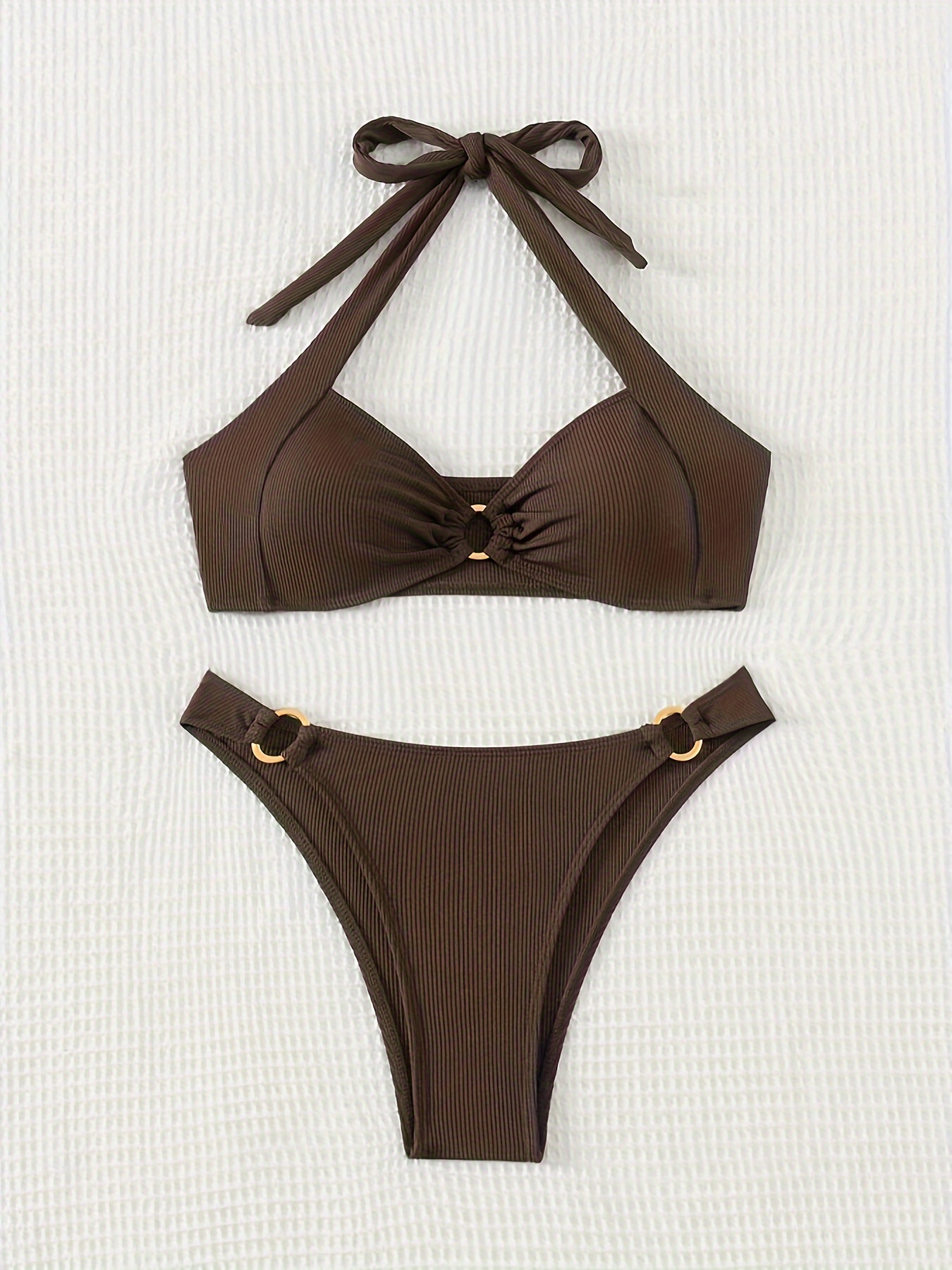 product-fancy-1a67ae86-bd6c-4e4b-907b-30c2921ce3a6 Deep Brown Ribbed Halter Neck Split Swimsuit for Women with Metal Ring Accents, Sexy High-Cut Vacation Swimwear - Image 4