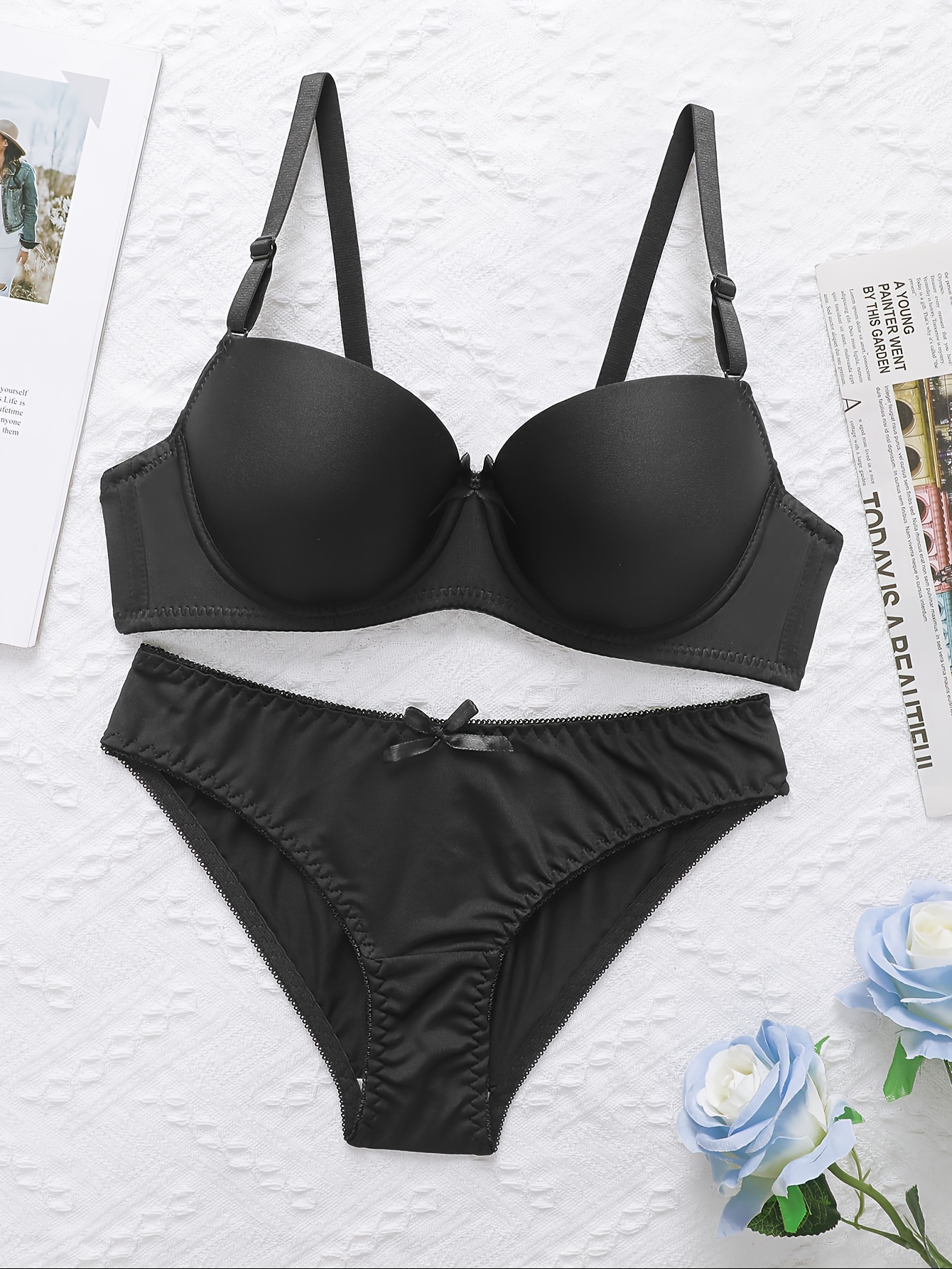 product-fancy-41797d06-1b70-41e8-a182-304f7a43a487 Elegant Women's Sets of Solid Color Lingerie Deep V Bow Design Comfortable Skin-friendly Bra and Panties Two Piece Set - Image 4