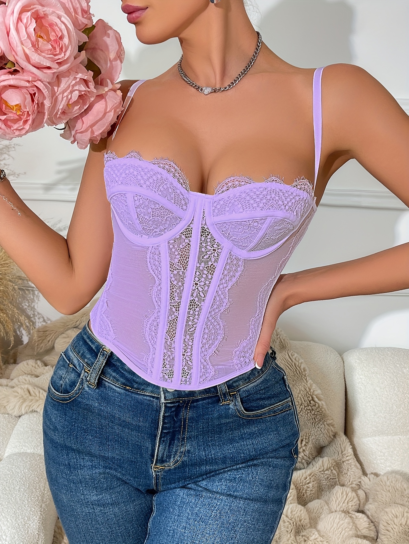 product-fancy-590cc560-f82d-461a-ae26-4f8a23cdc229 Sensual Lace Corset Top - Slim Fit, V-Neck, Sleeveless, Solid Color with Intricate Lace Detailing. - Image 3